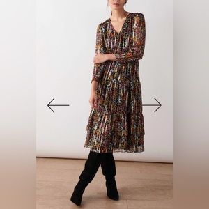 NWT BA&SH Silk Fiora Black Floral Midi Dress. Ba&sh Size 2, US Size M.